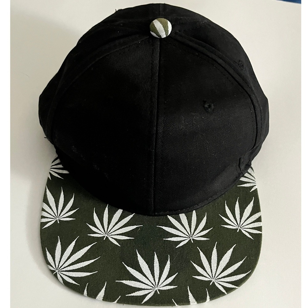 PREMIUM Snapback Hat Black Green Leaf Pattern Flat Bill Adjustable